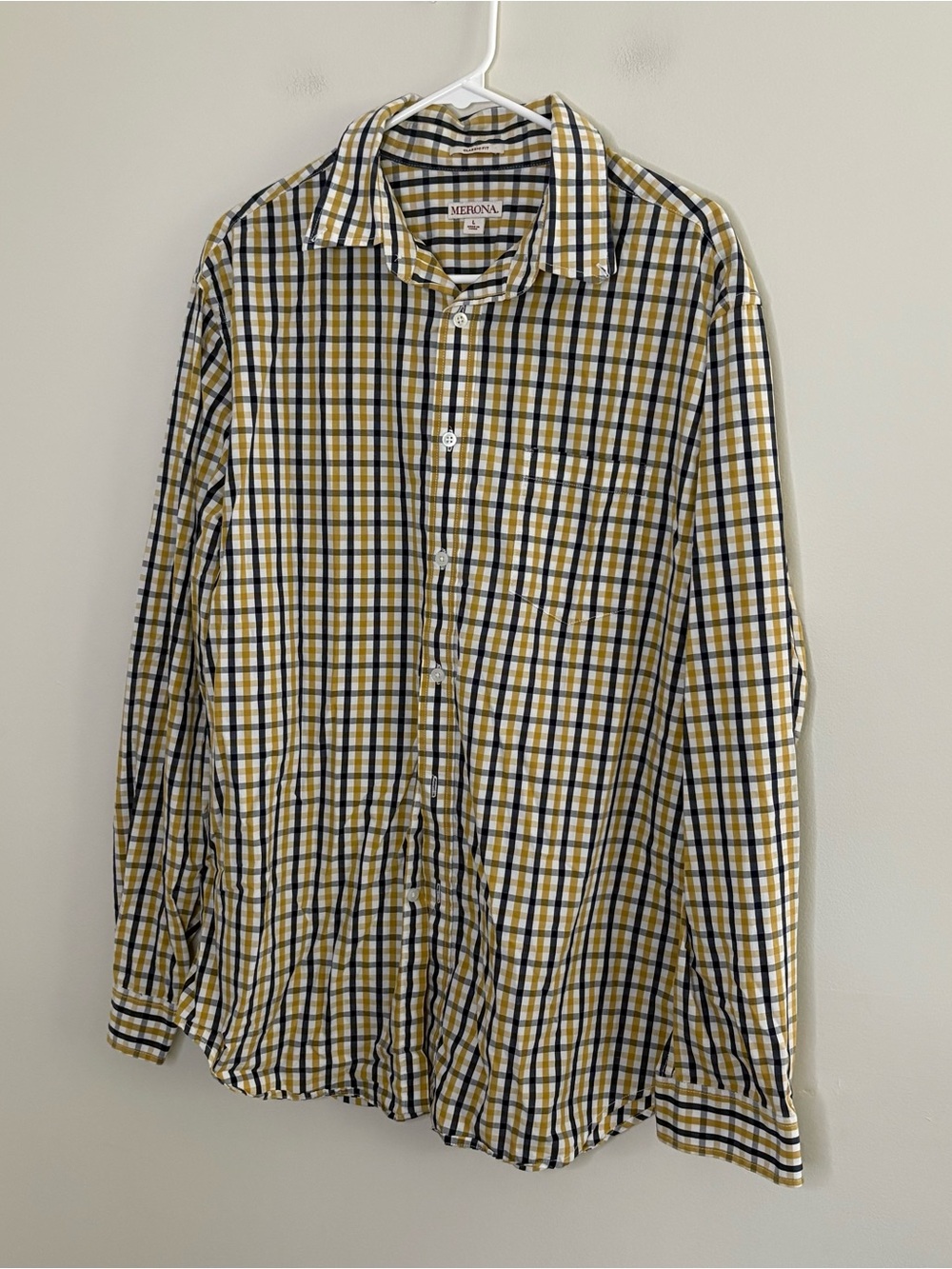 MERONA Mens Large Long Sleeve Button Up Classic Blue Yellow Plaid Work Office